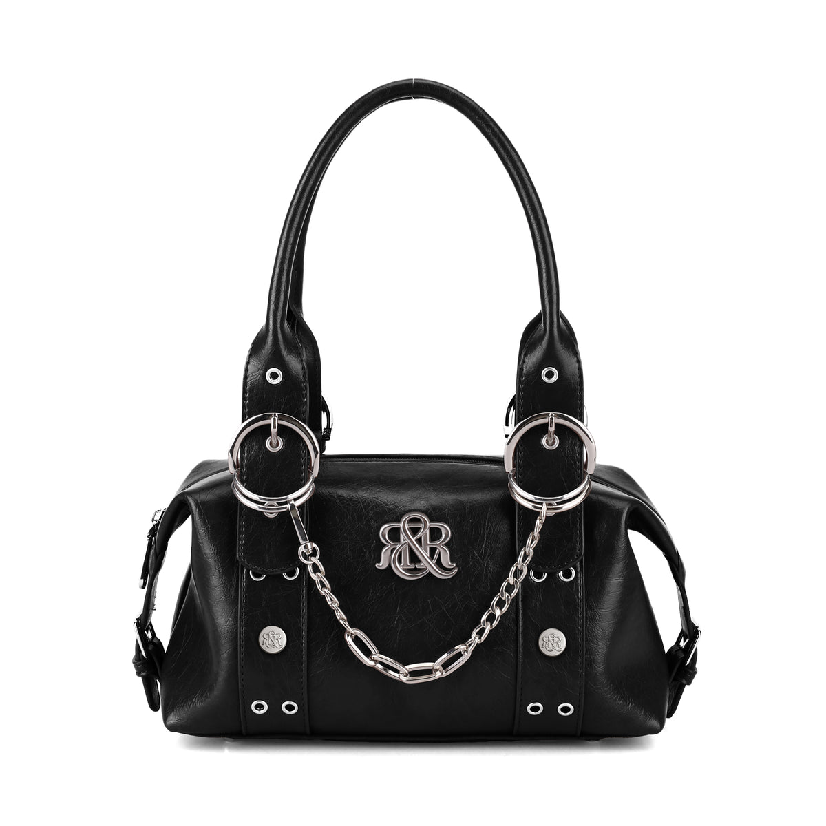Rock & Republic Chain Detail Satchel Handbag in Black PU leather with a draped chain and structured satchel silhouette.