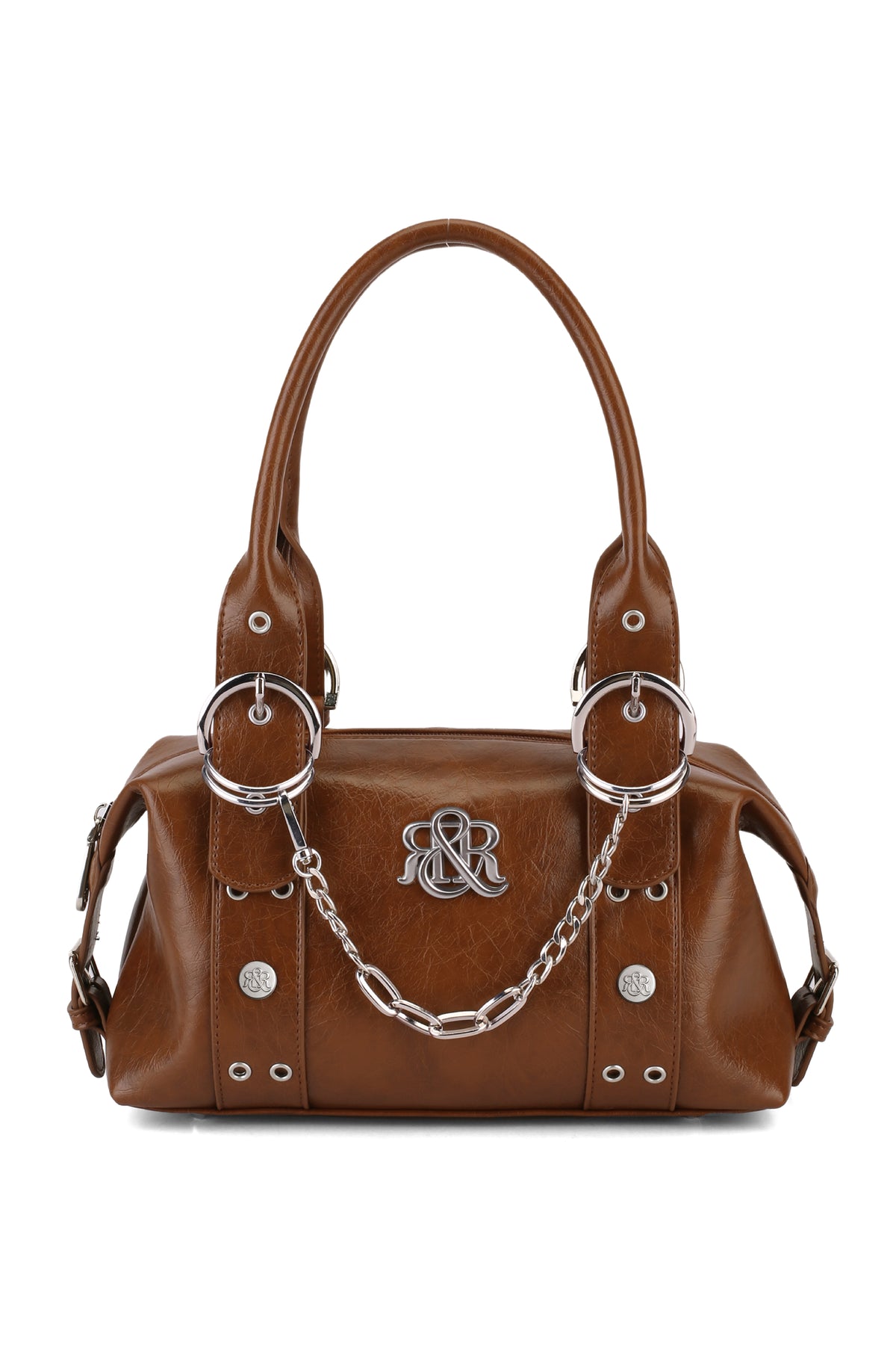 Rock & Republic Chain Detail Satchel Handbag in Dark Brown PU with a draped chain and structured satchel silhouette.