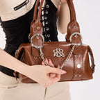 Rock & Republic Chain Detail Satchel Handbag in Dark Brown PU close-up highlighting RR logo, chain and satchel silhouette.