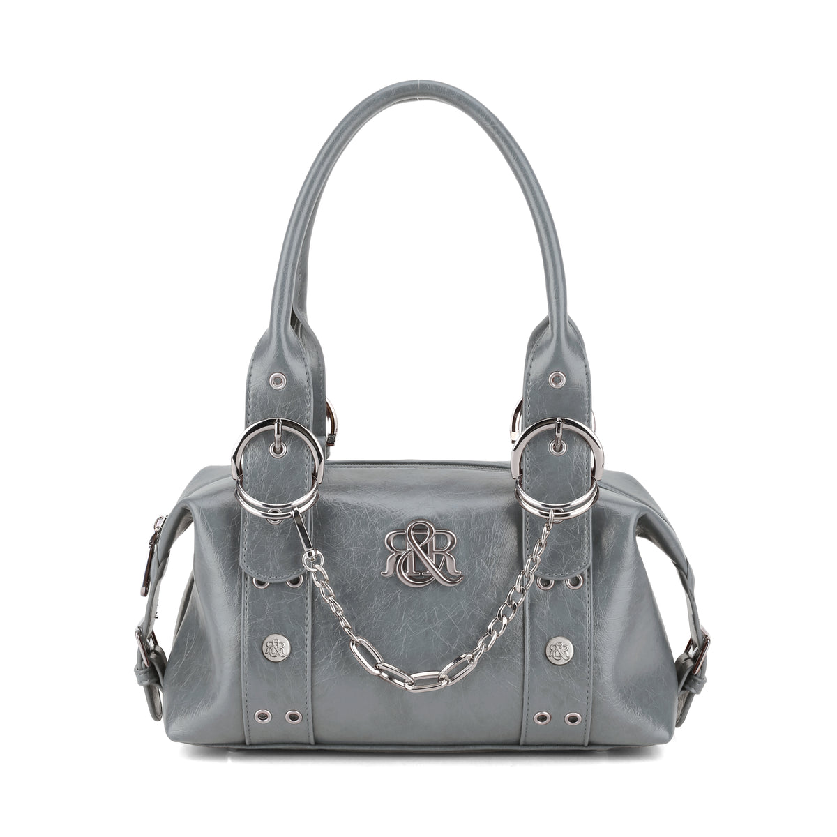 Rock & Republic Chain Detail Satchel Handbag in Light Blue PU with a draped chain and structured satchel silhouette.