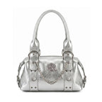 Rock & Republic Chain Detail Satchel Handbag in Silver PU leather with a draped chain and structured satchel silhouette.