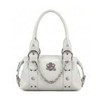 Rock & Republic Chain Detail Satchel Handbag in White PU leather with a draped chain and structured satchel silhouette.