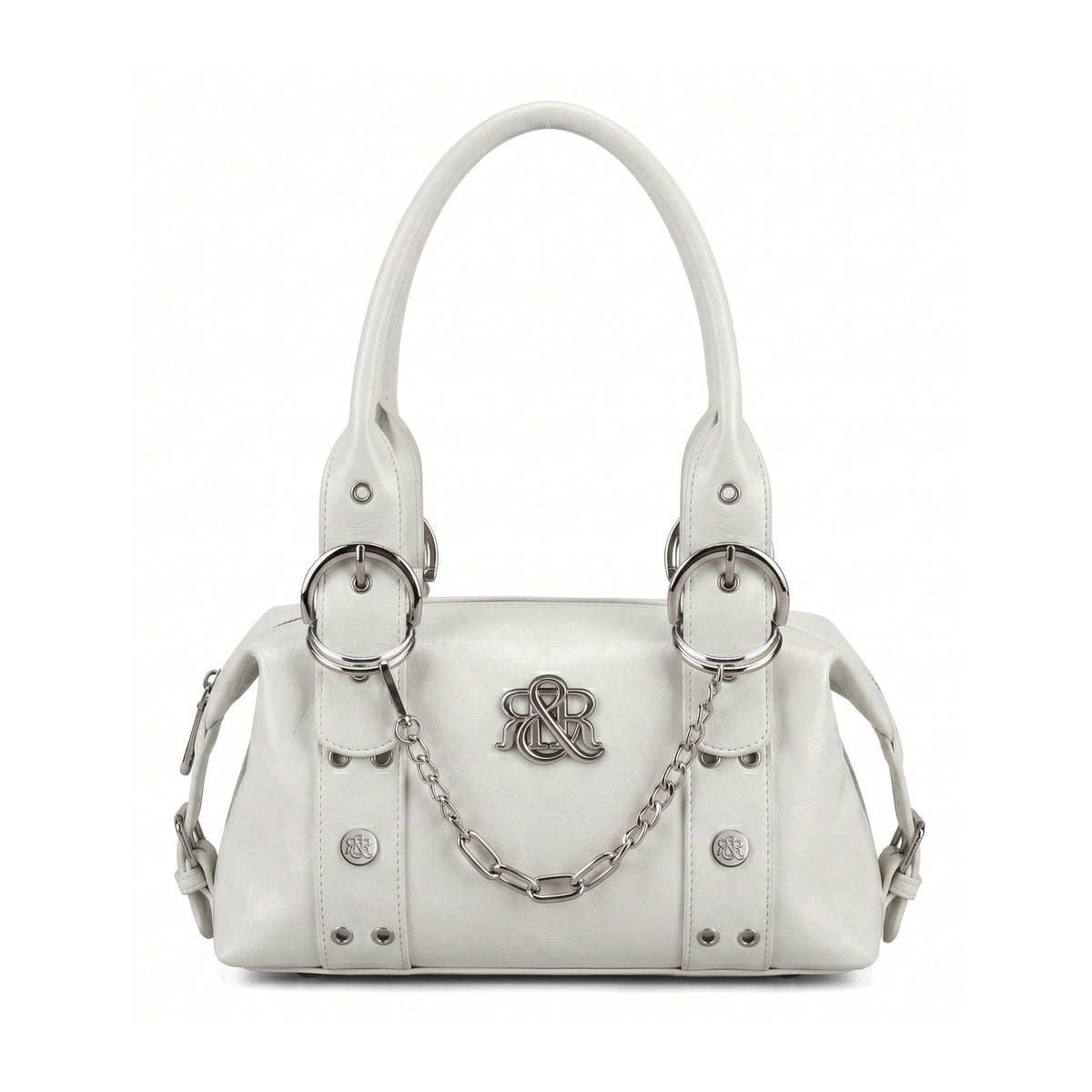 Rock & Republic Chain Detail Satchel Handbag in White PU leather with a draped chain and structured satchel silhouette.
