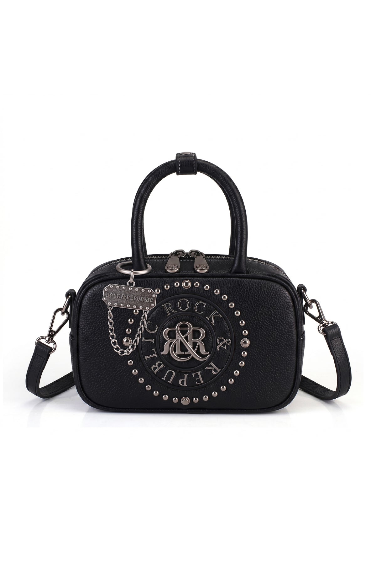 Rock & Republic Studded Logo Medallion Satchel Bag in Black PU with rivet medallion and structured satchel shape.