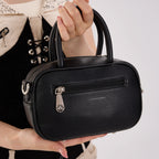 Rock & Republic Studded Logo Medallion Satchel Bag in Black PU back view showing clean structured satchel shape.