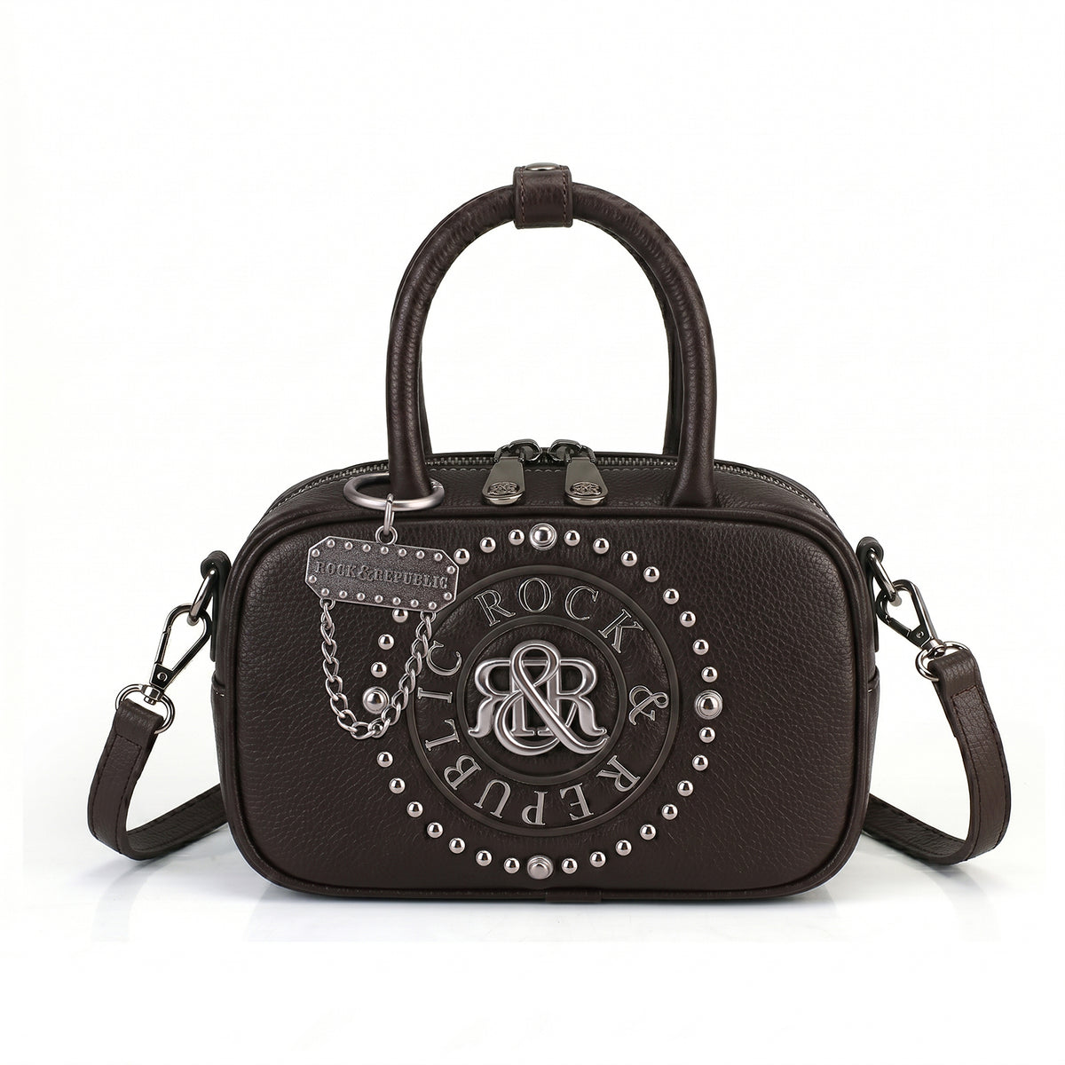Rock & Republic Studded Logo Medallion Satchel Bag in Dark Brown PU with medallion and satchel silhouette.