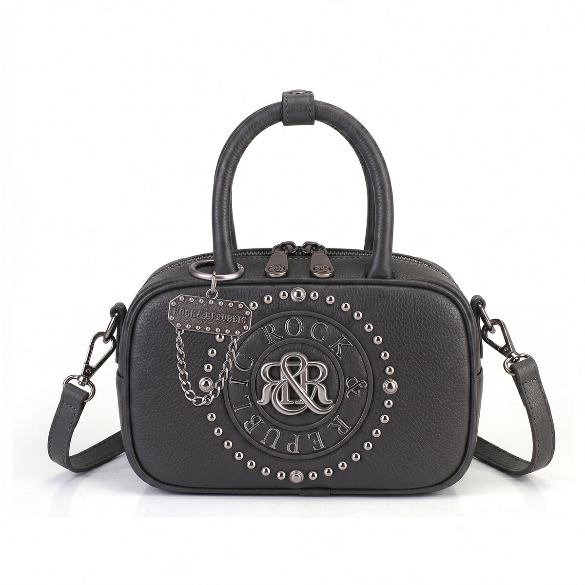 Rock & Republic Studded Logo Medallion Satchel Bag in Gray PU leather with medallion and satchel silhouette.