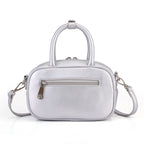 Rock & Republic Studded Logo Medallion Satchel Bag in Silver PU leather back view with structured satchel shape.