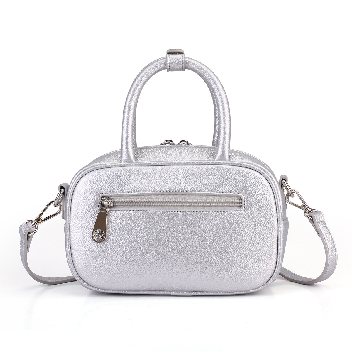 Rock & Republic Studded Logo Medallion Satchel Bag in Silver PU leather back view with structured satchel shape.