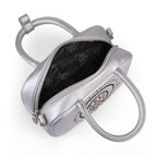 Rock & Republic Studded Logo Medallion Satchel Bag in Silver PU top view showing interior on satchel profile.
