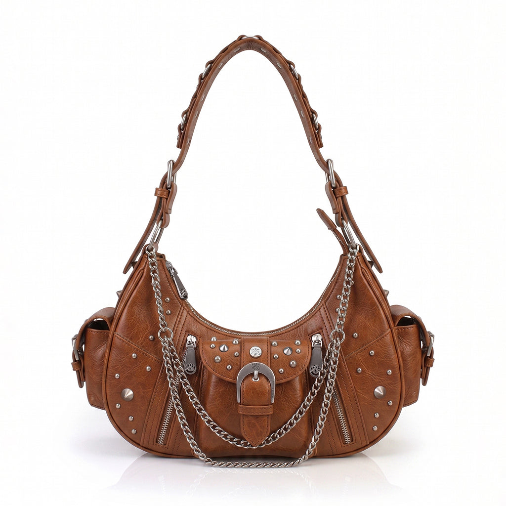 Women's Studded Buckle-Front Hobo Shoulder Bag