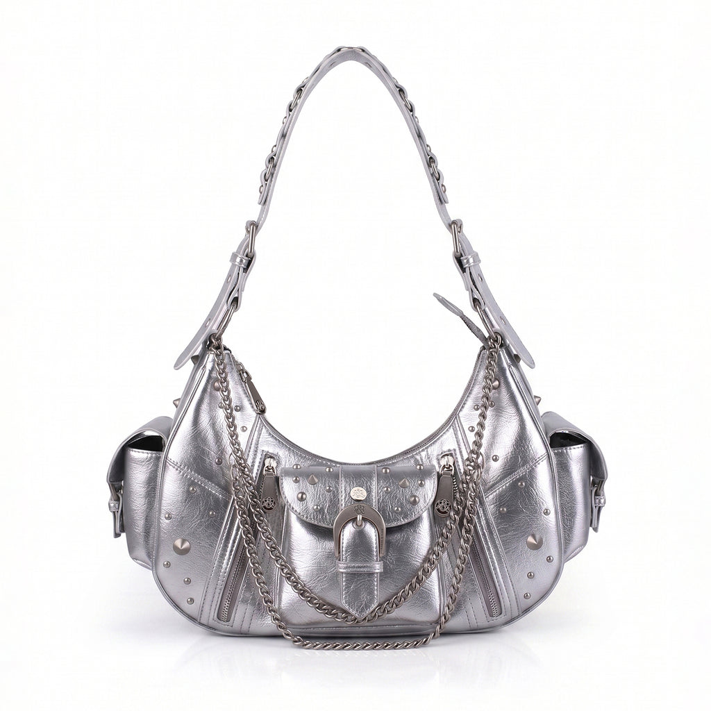 Women's Studded Buckle-Front Hobo Shoulder Bag