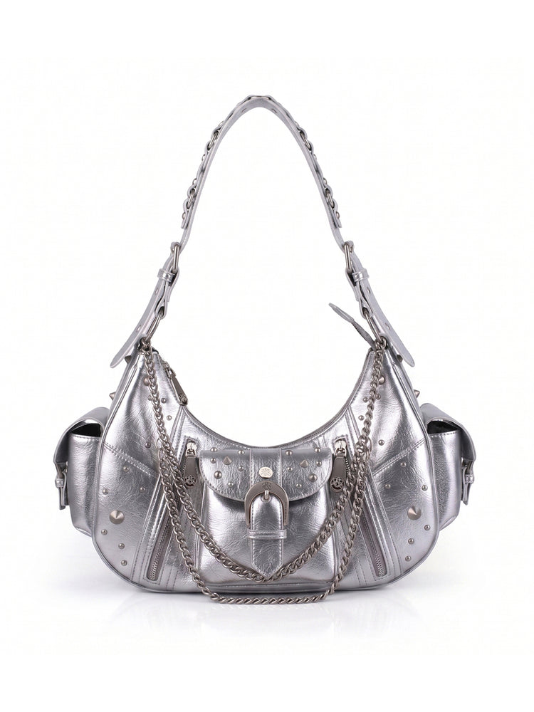 Women's Studded Buckle-Front Hobo Shoulder Bag