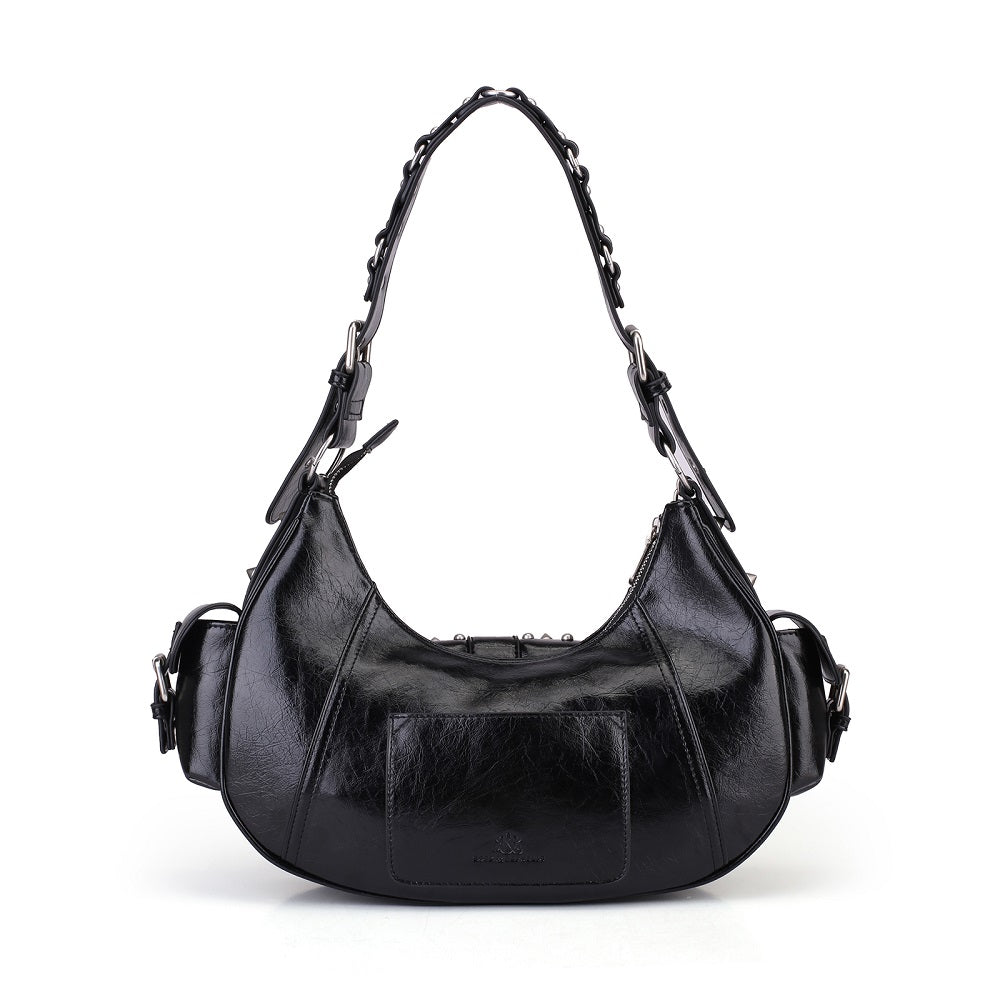 Women's Studded Buckle-Front Hobo Shoulder Bag