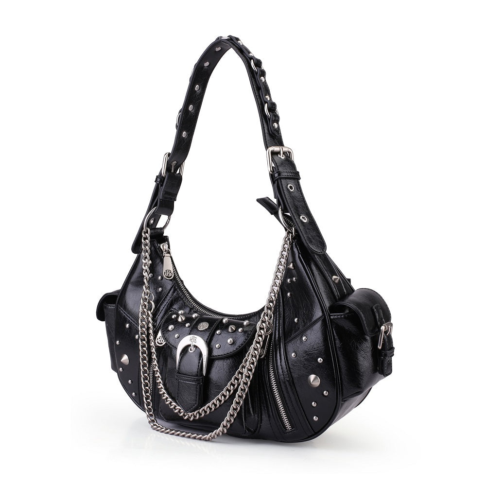 Women's Studded Buckle-Front Hobo Shoulder Bag
