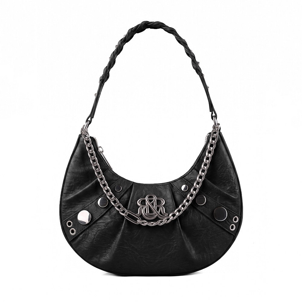 Studded Crescent Hobo Bag with Braided Chain and R&R Log