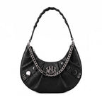 Rock & Republic Studded Crescent Chain Hobo Bag in Black PU leather with draped chain and crescent hobo silhouette.