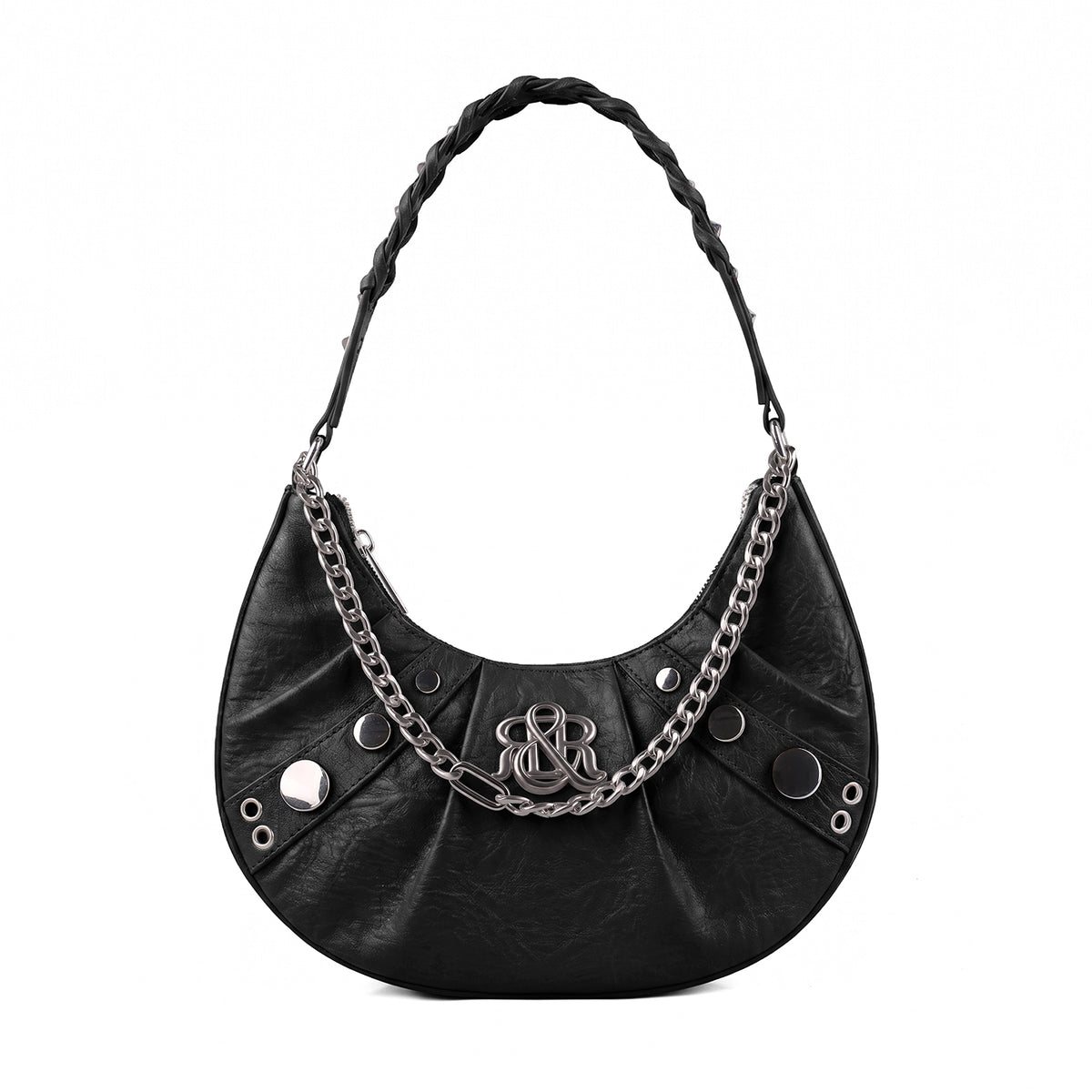 Rock & Republic Studded Crescent Chain Hobo Bag in Black PU leather with draped chain and crescent hobo silhouette.
