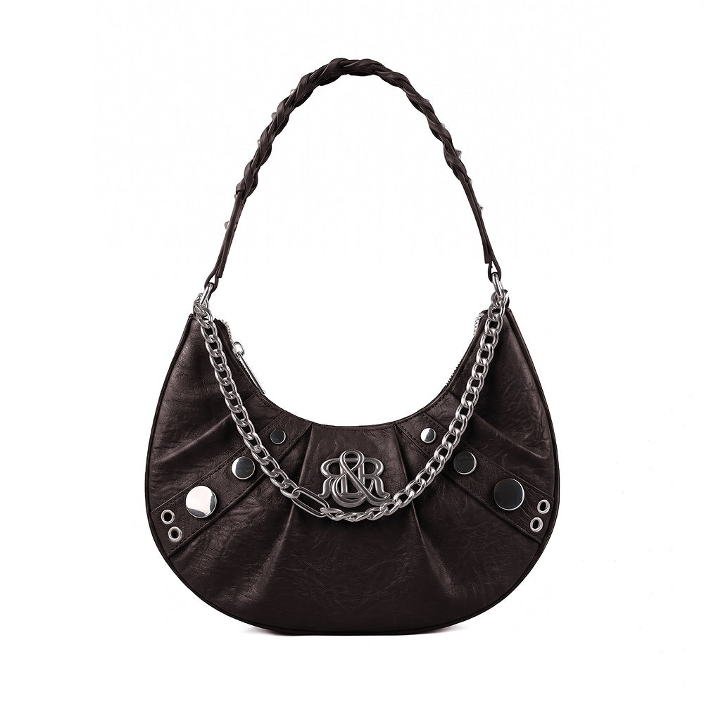 Studded Crescent Hobo Bag with Braided Chain and R&R Log