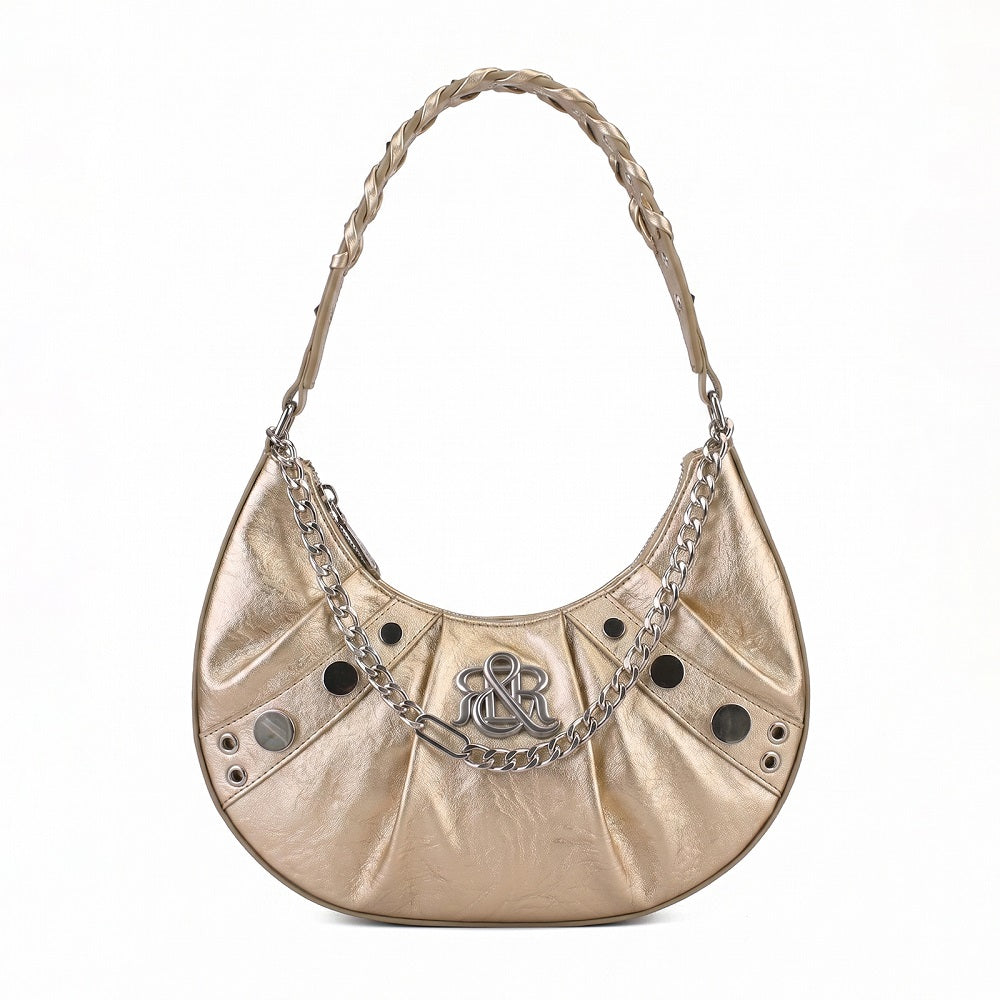 Studded Crescent Hobo Bag with Braided Chain and R&R Log