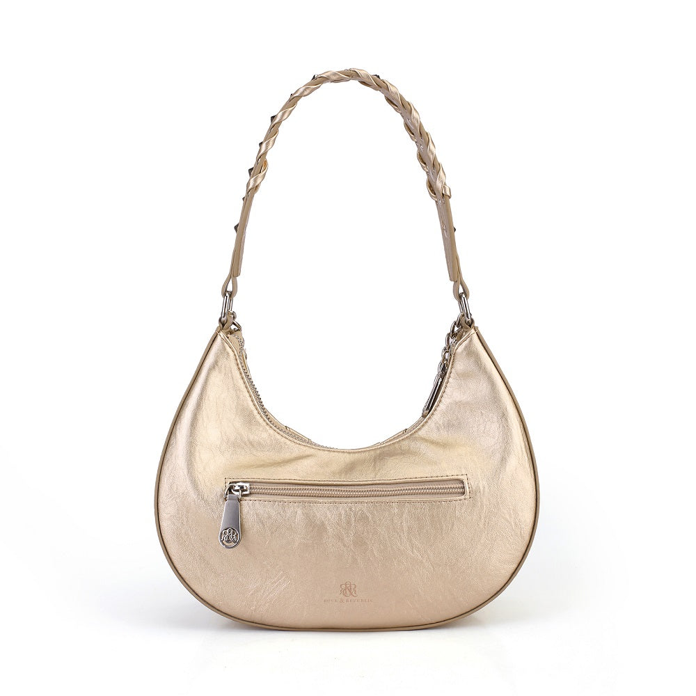Studded Crescent Hobo Bag with Braided Chain and R&R Log
