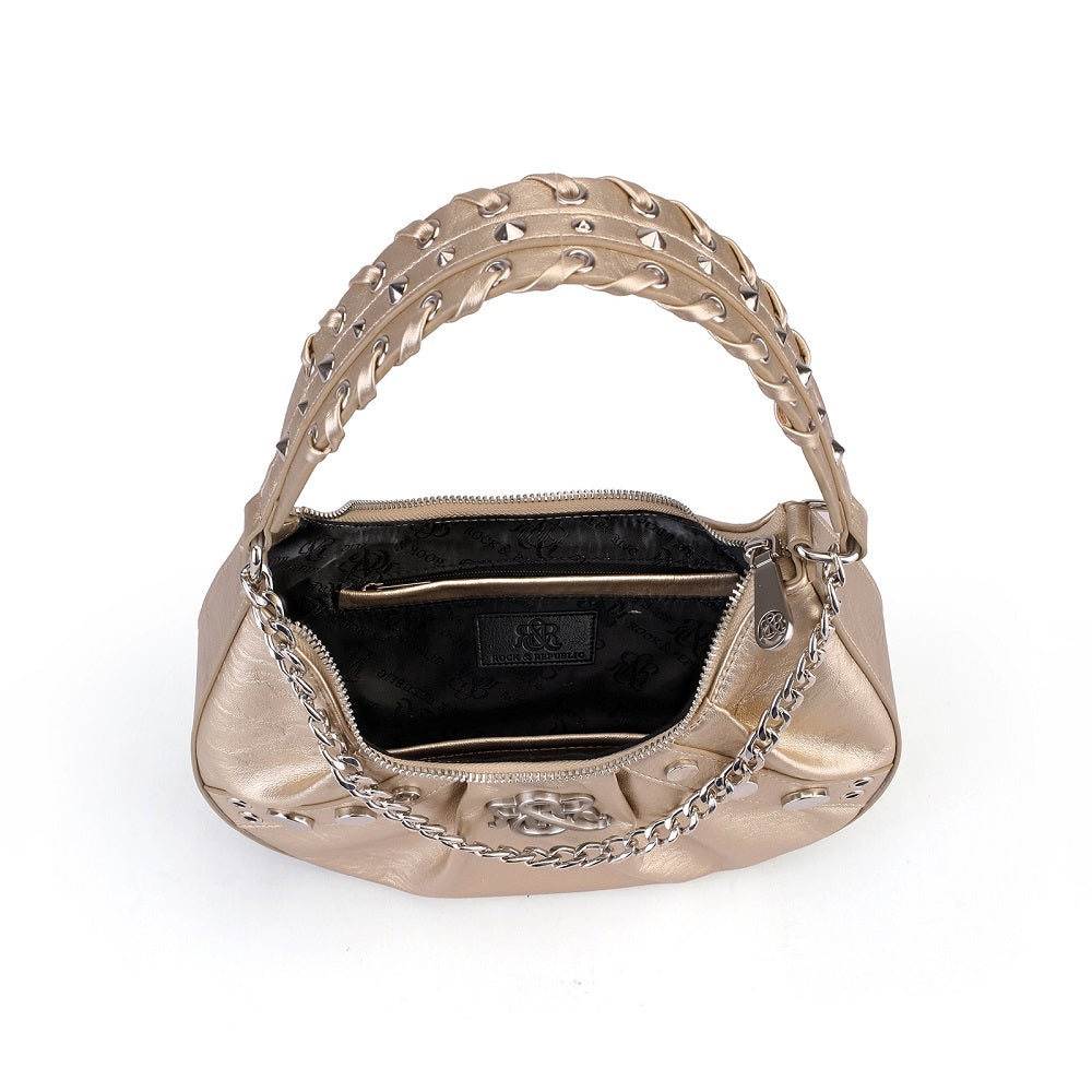 Studded Crescent Hobo Bag with Braided Chain and R&R Log