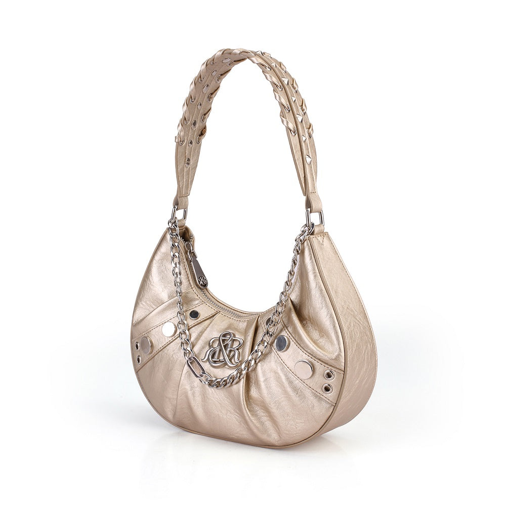 Studded Crescent Hobo Bag with Braided Chain and R&R Log