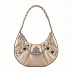Rock & Republic Studded Crescent Chain Hobo Bag in Gold PU leather with silver draped chain and crescent hobo silhouette.
