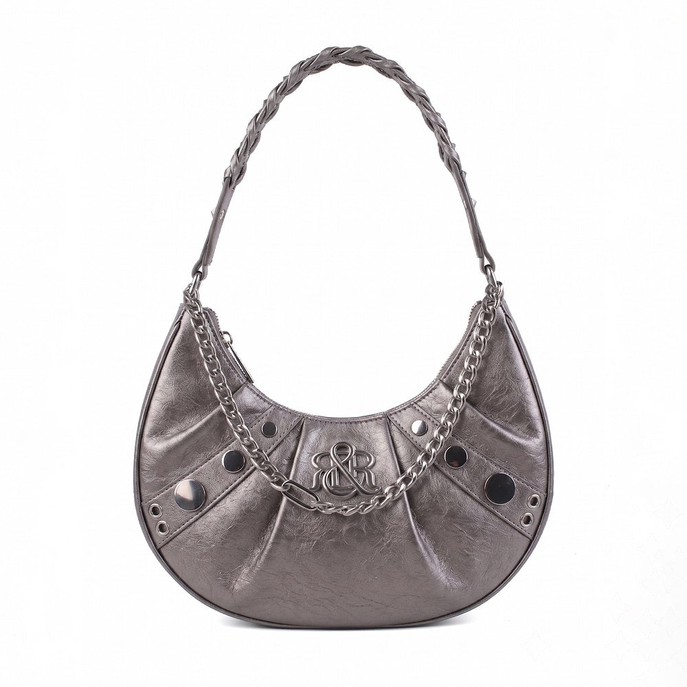 Studded Crescent Hobo Bag with Braided Chain and R&R Log