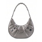 Rock & Republic Studded Crescent Chain Hobo Bag in Pewter PU leather with silver draped chain and crescent hobo silhouette.