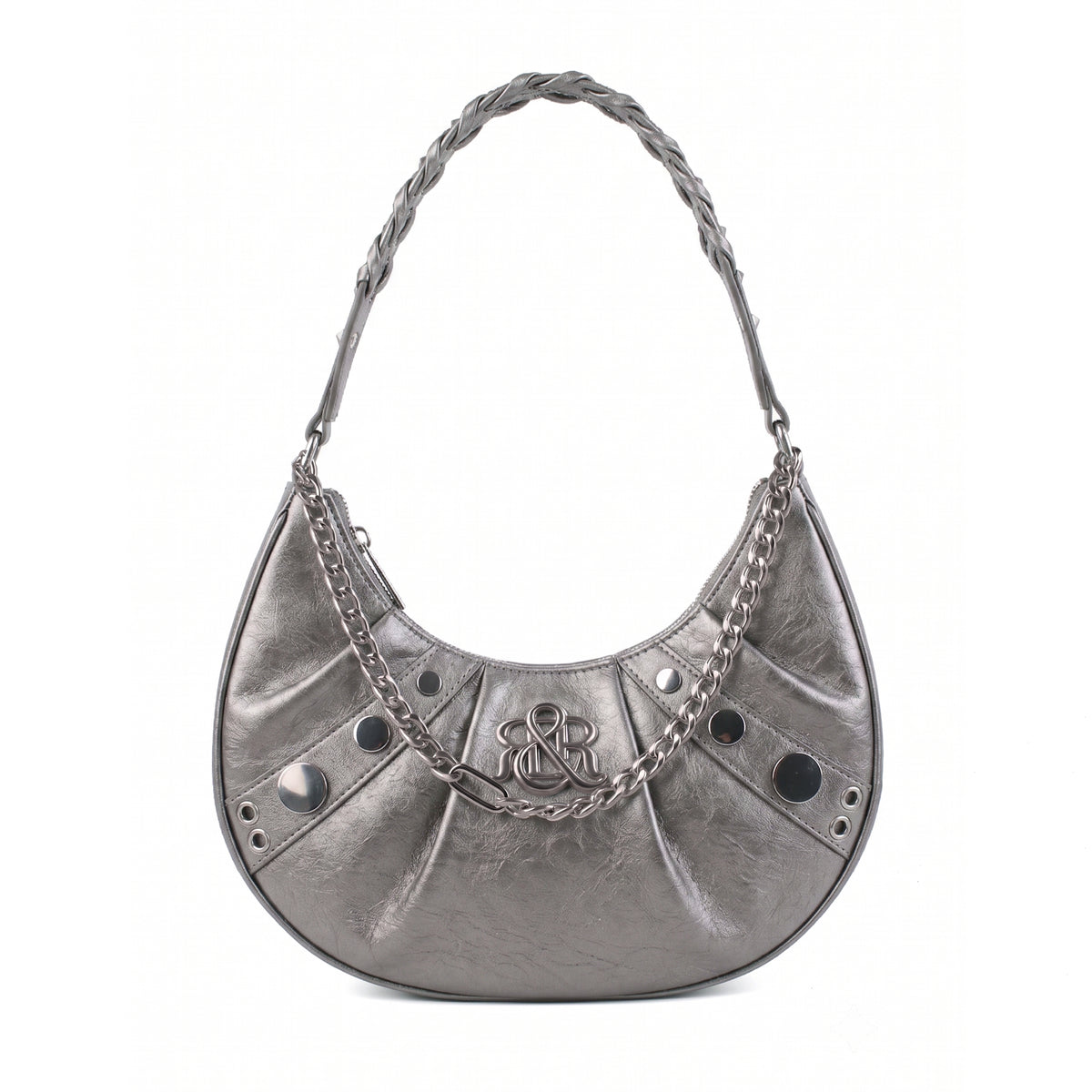 Rock & Republic Studded Crescent Chain Hobo Bag in Pewter PU leather with silver draped chain and crescent hobo silhouette.