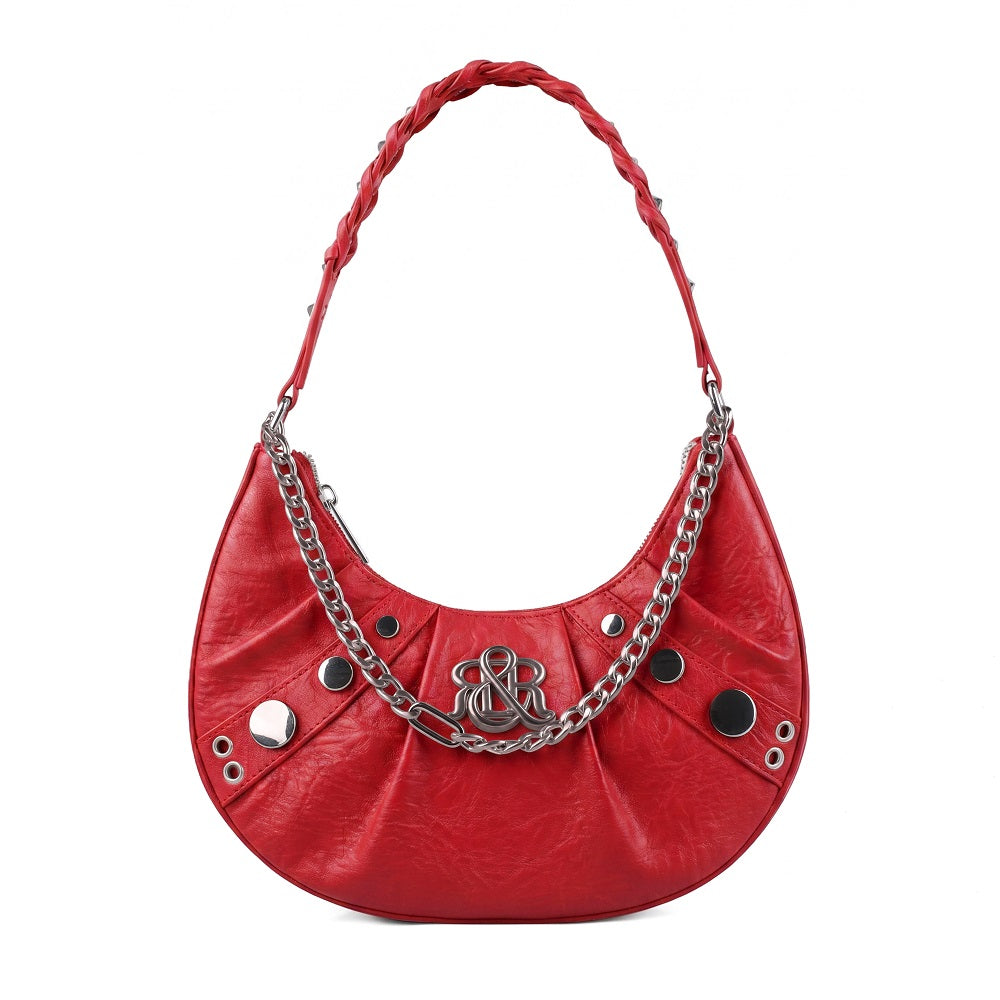 Studded Crescent Hobo Bag with Braided Chain and R&R Log