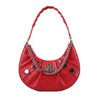 Rock & Republic Studded Crescent Chain Hobo Bag in Red PU leather with silver draped chain and crescent hobo silhouette.