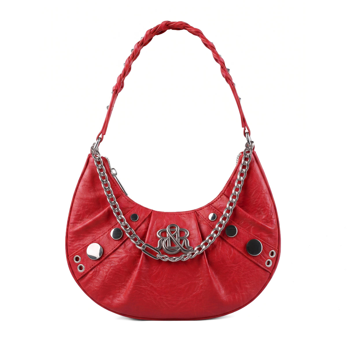 Rock & Republic Studded Crescent Chain Hobo Bag in Red PU leather with silver draped chain and crescent hobo silhouette.