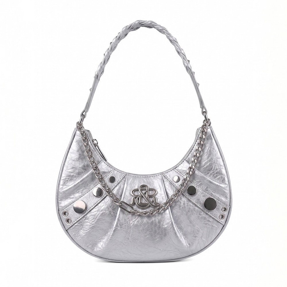 Studded Crescent Hobo Bag with Braided Chain and R&R Log