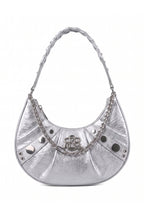 Rock & Republic Studded Crescent Chain Hobo Bag in Silver PU leather with draped chain and crescent hobo silhouette.