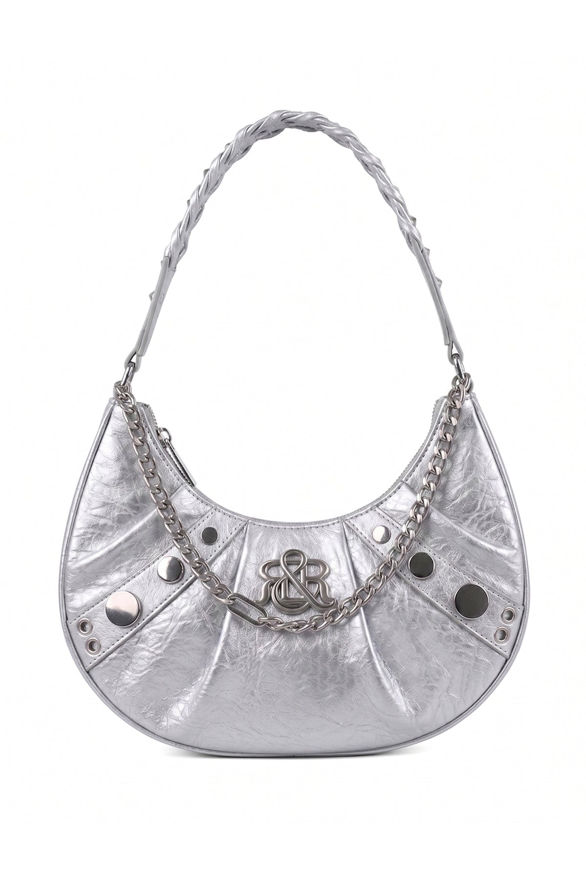 Rock & Republic Studded Crescent Chain Hobo Bag in Silver PU leather with draped chain and crescent hobo silhouette.