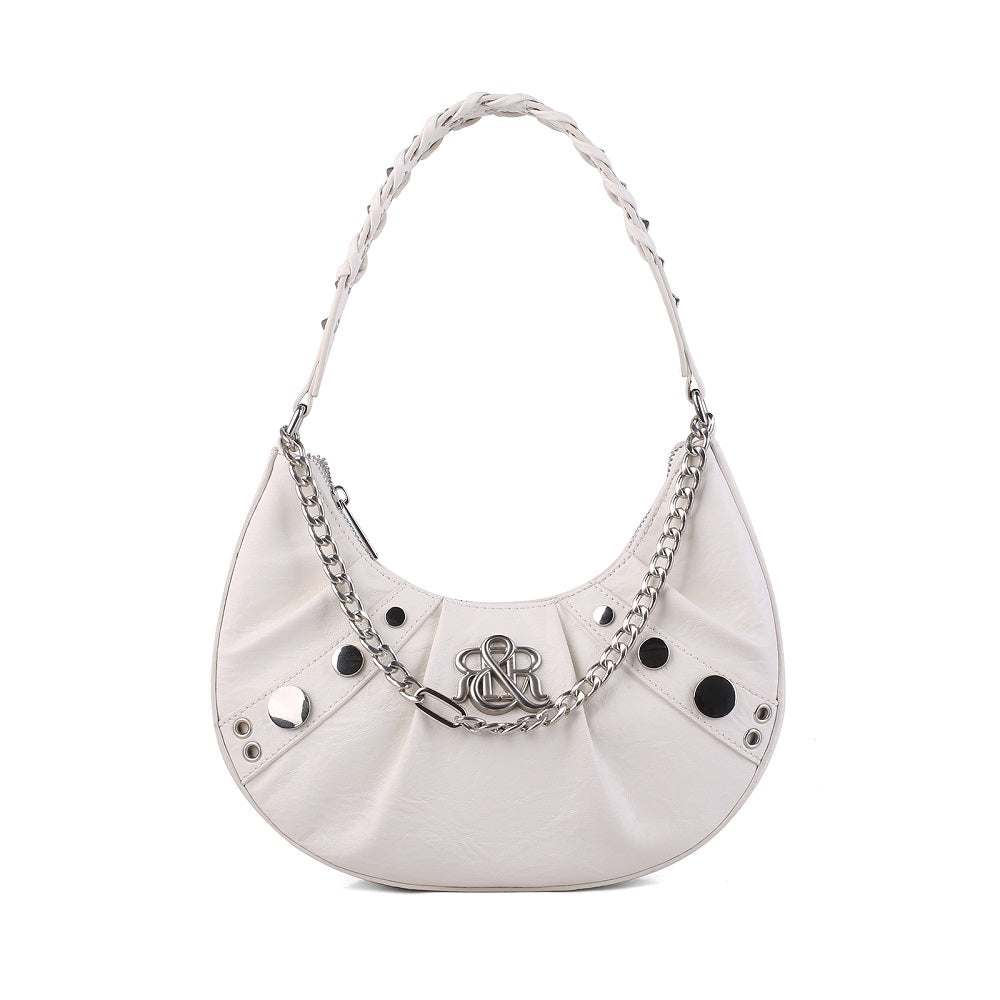 Studded Crescent Hobo Bag with Braided Chain and R&R Log