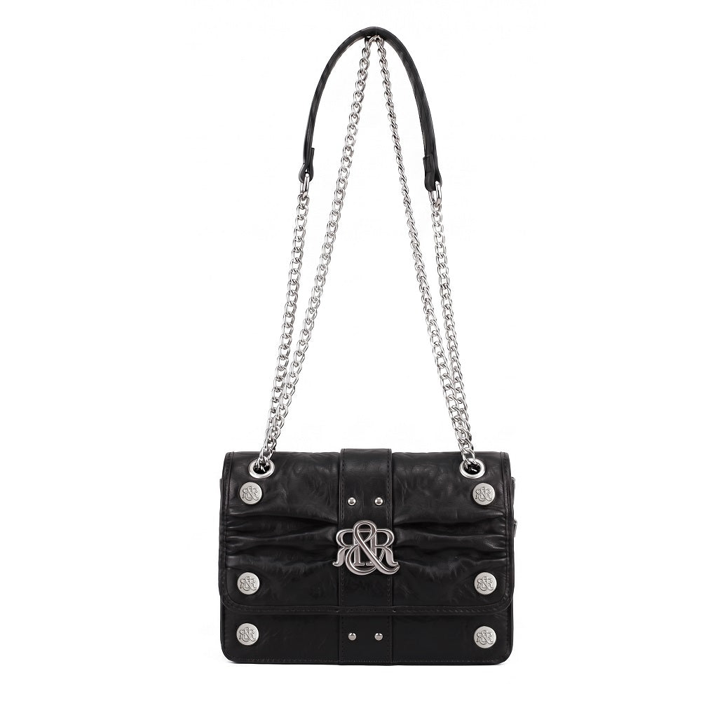 Ruched Flap Crossbody Bag with R&R Logo and Curb Chain
