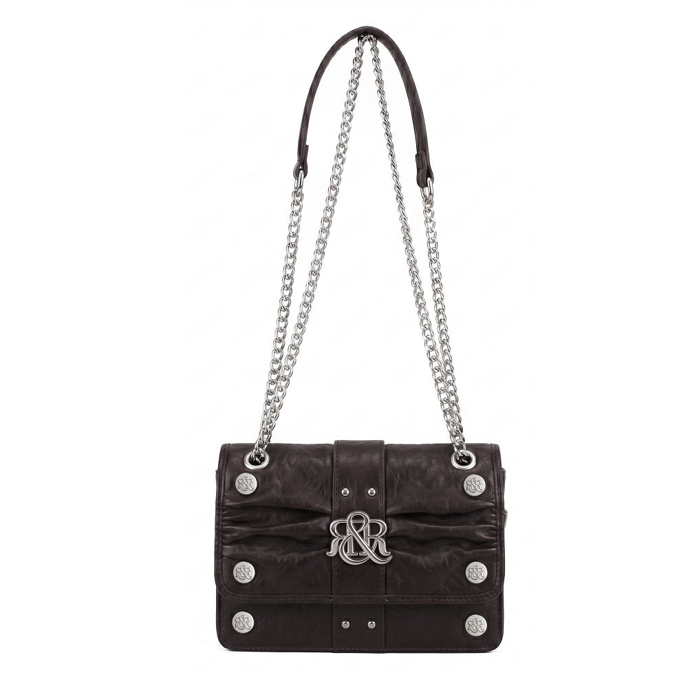 Ruched Flap Crossbody Bag with R&R Logo and Curb Chain