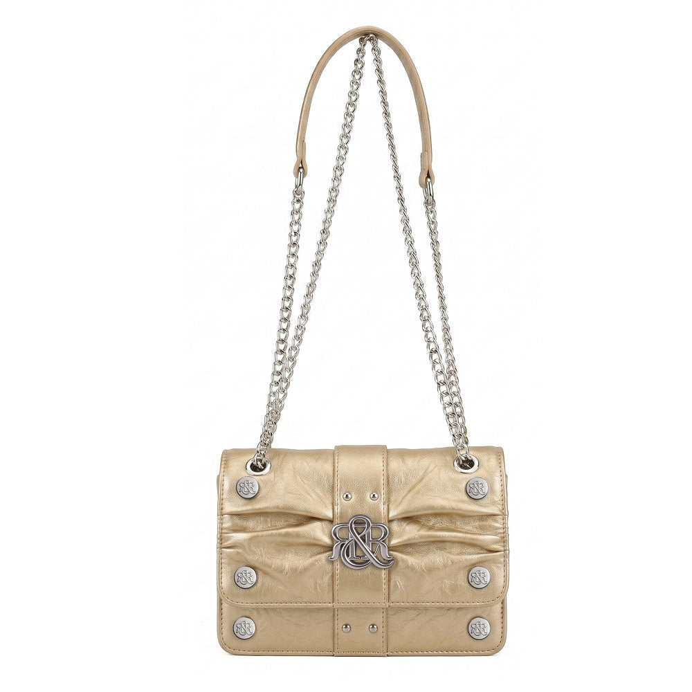 Ruched Flap Crossbody Bag with R&R Logo and Curb Chain