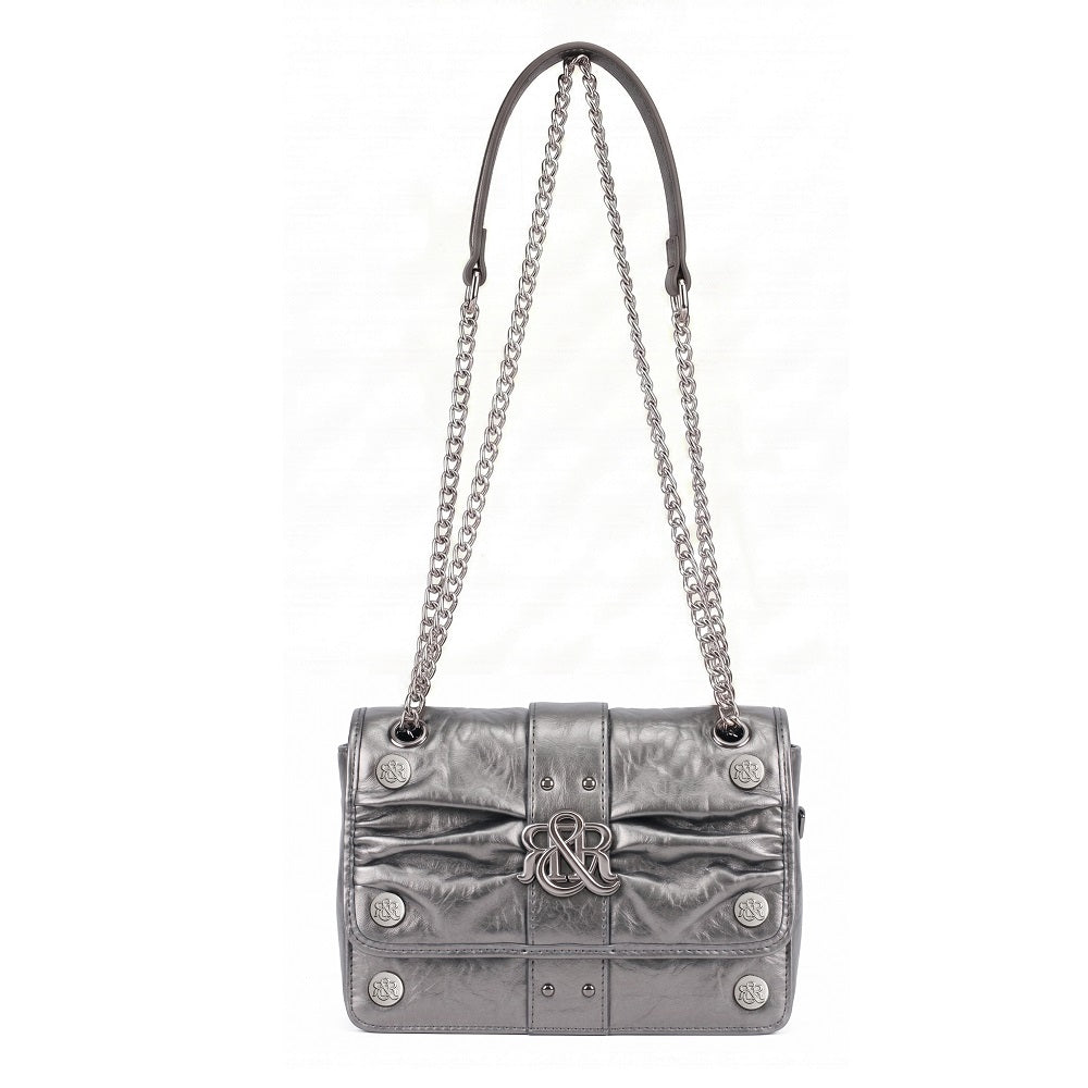 Ruched Flap Crossbody Bag with R&R Logo and Curb Chain