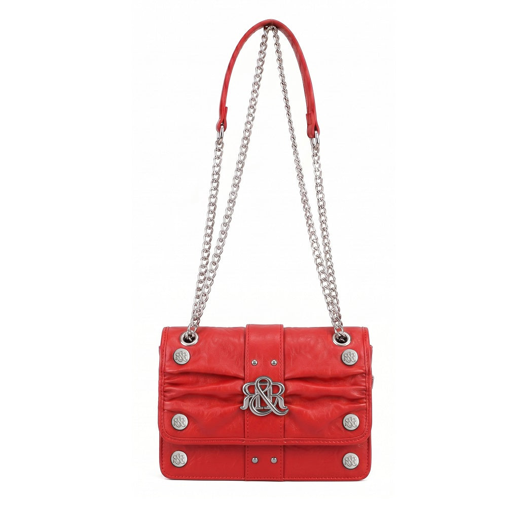 Ruched Flap Crossbody Bag with R&R Logo and Curb Chain