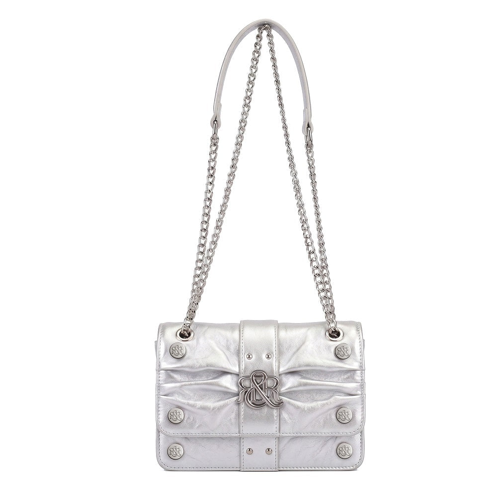 Ruched Flap Crossbody Bag with R&R Logo and Curb Chain