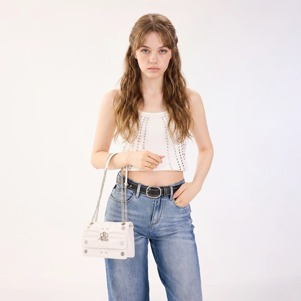 Ruched Flap Crossbody Bag with R&R Logo and Curb Chain