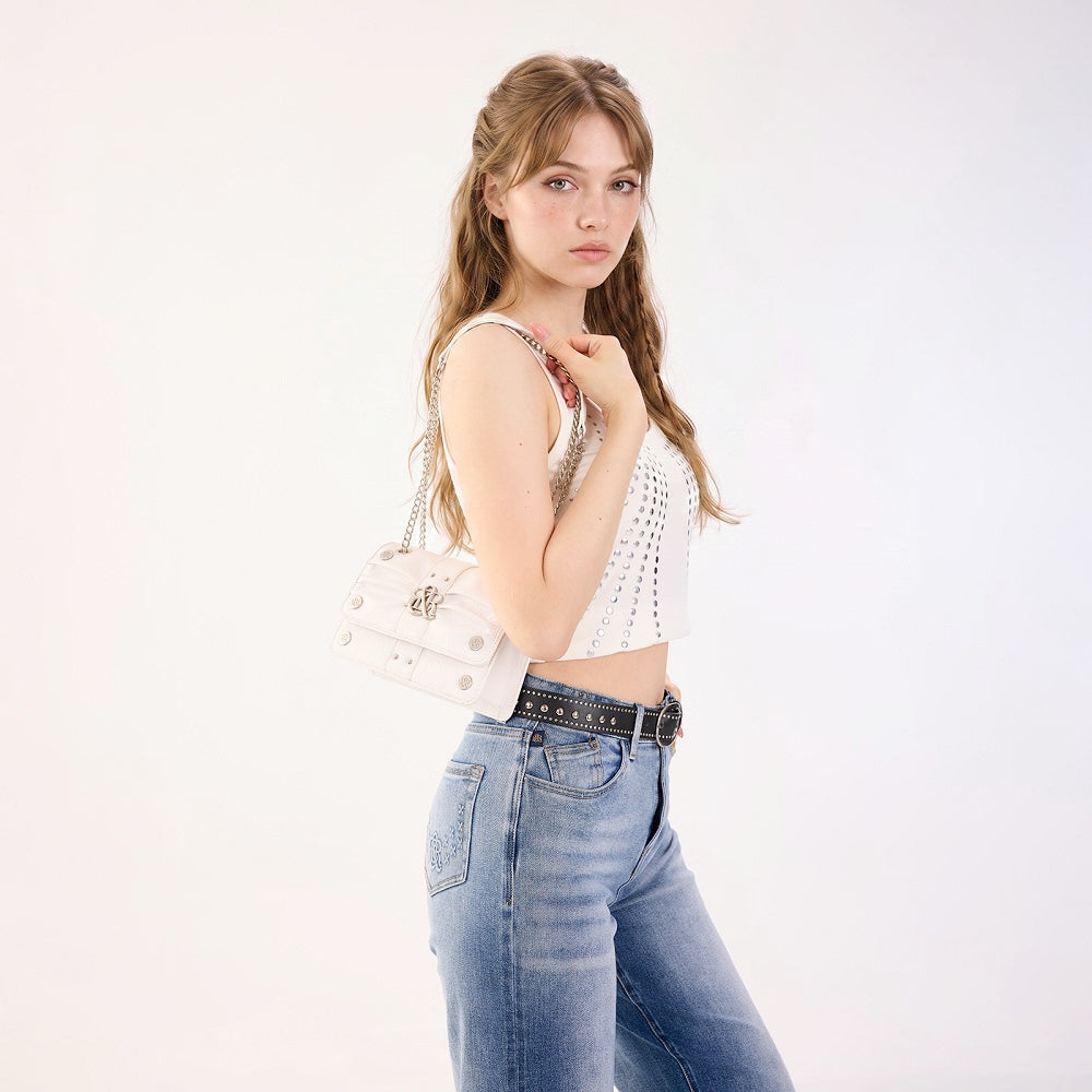 Ruched Flap Crossbody Bag with R&R Logo and Curb Chain