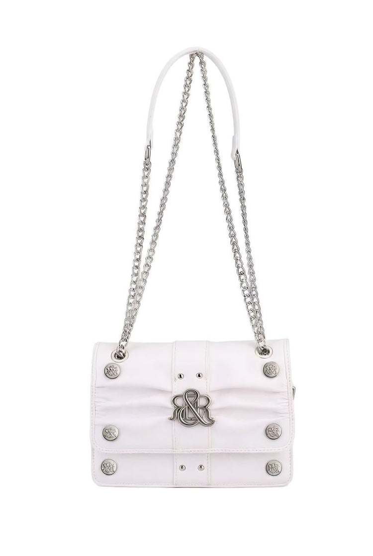 Ruched Flap Crossbody Bag with R&R Logo and Curb Chain