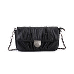 Rock & Republic Shield Logo Ruched Crossbody Bag in Black PU with chain and structured crossbody silhouette.