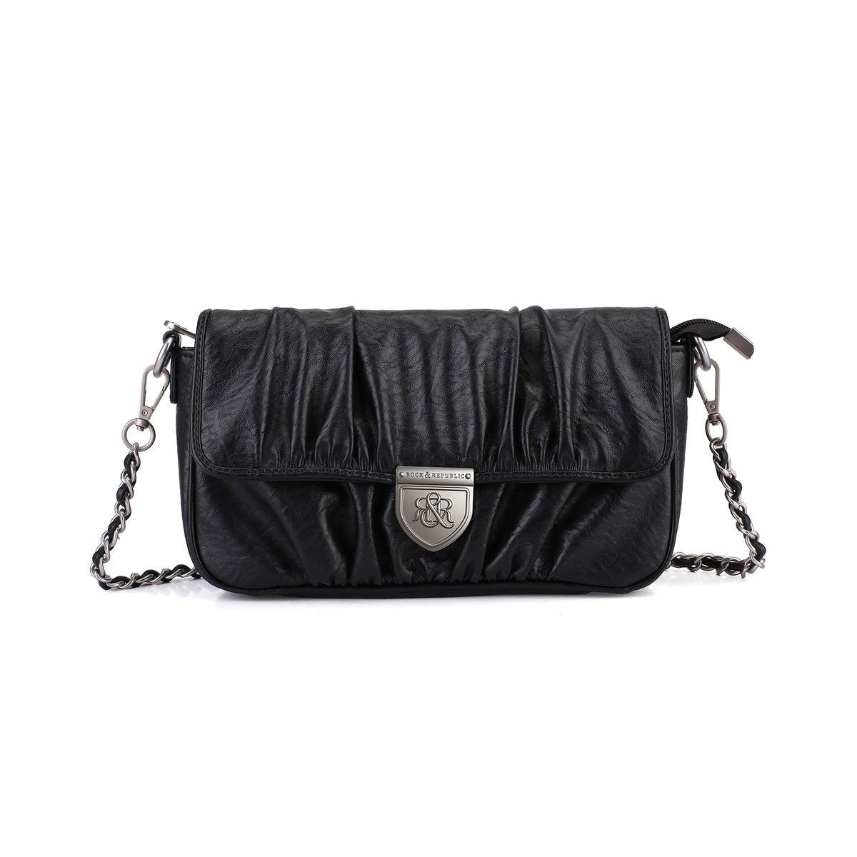 Rock & Republic Shield Logo Ruched Crossbody Bag in Black PU with chain and structured crossbody silhouette.
