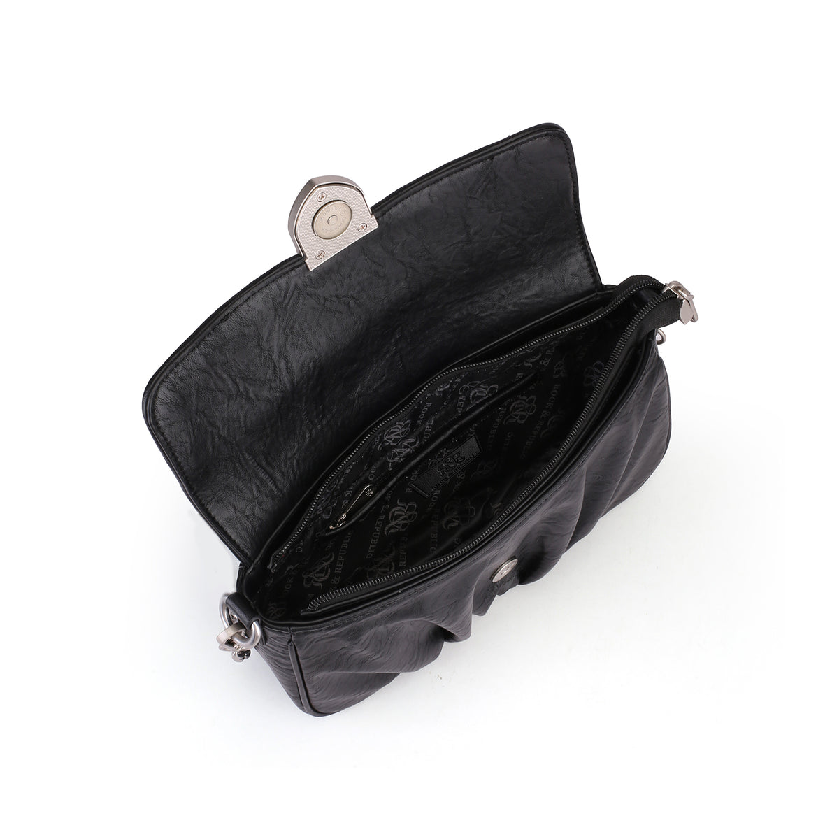 Rock & Republic Shield Logo Ruched Crossbody Bag in Black PU showing interior detail on crossbody silhouette.